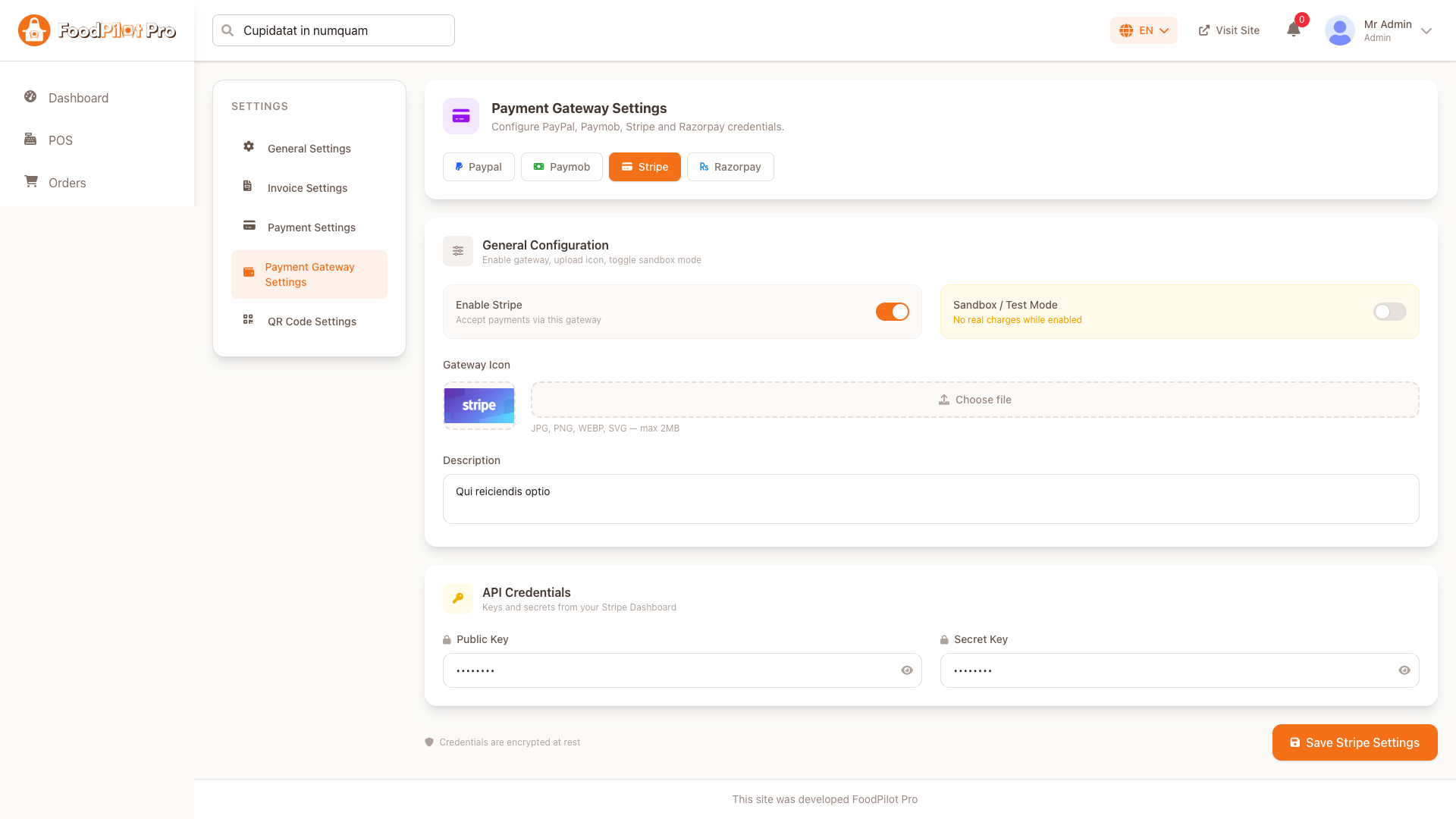 Payment Gateway Settings screen